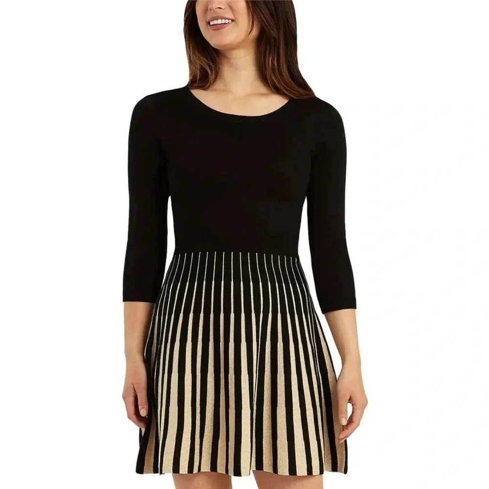 Vtg BCX  sweater dress women SM P. fit& flare,striped metallic,pleats,80s vibe